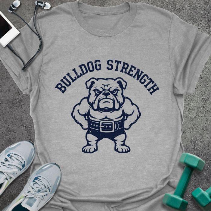 Sport grey t-shirt printed with "Bulldog Strength", with a muscular bulldog wearing a lifting belt
