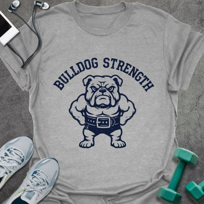 Sport grey t-shirt printed with "Bulldog Strength", with a muscular bulldog wearing a lifting belt