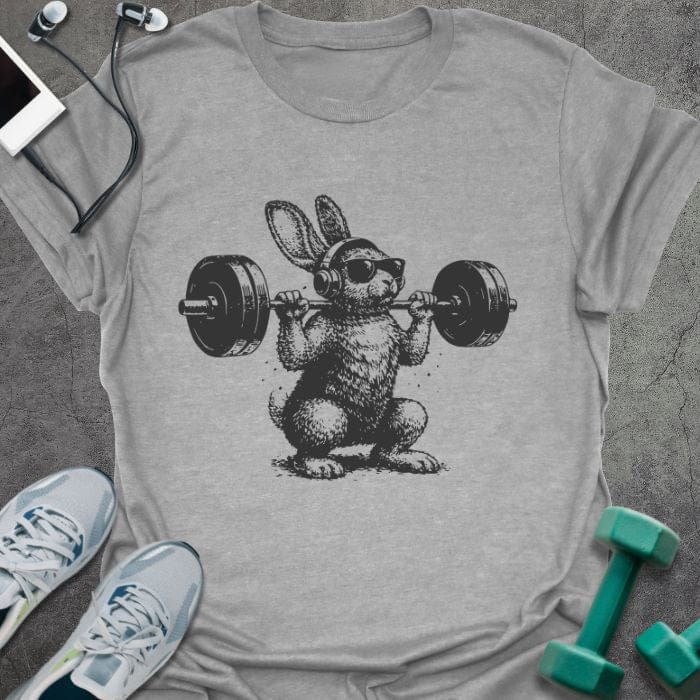 Sport grey t-shirt with an illustration of a bunny doing a squat with dumbbells in black