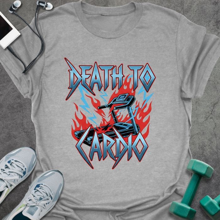 Sport grey t-shirt printed with "Death to Cardio" in red and blue, with metal band style graphics