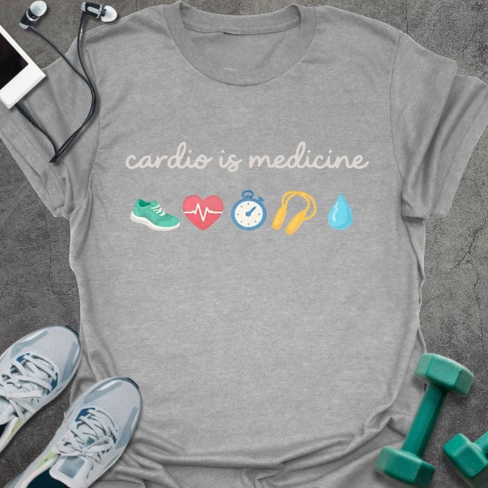 Sport grey t-shirt printed with "cardio is medicine" in green, red, blue, yellow, with emoji icons: shoe, heart, timer, headphones, water droplet
