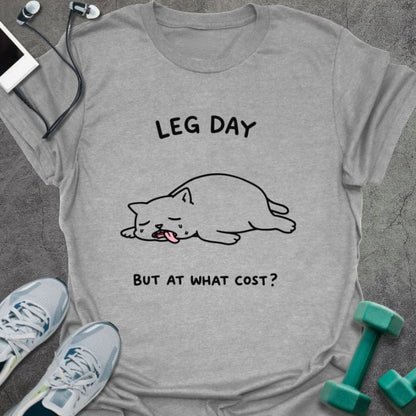 Sport grey t-shirt printed with "Leg Day but at What Cost?" in black, with an illustration of a cat laying down