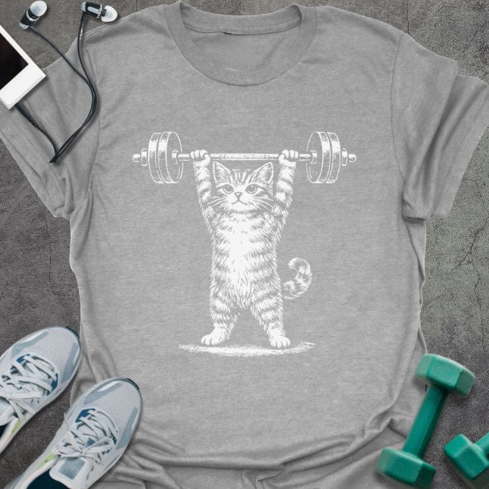 Sport grey t-shirt with an illustration of a cat doing an overhead press in white