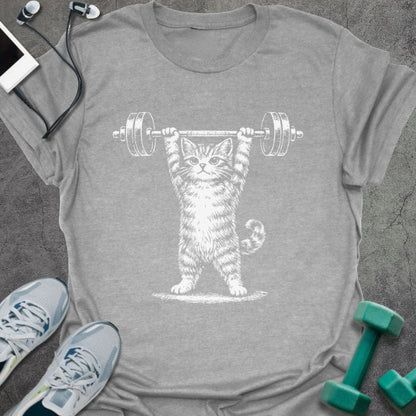 Sport grey t-shirt with an illustration of a cat doing an overhead press in white