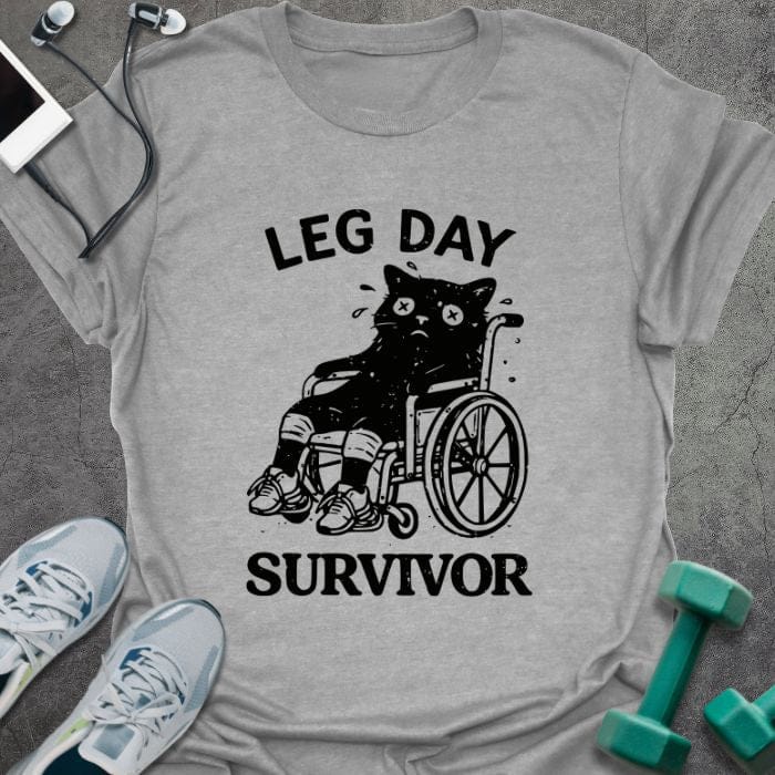 Sport grey t-shirt printed with "Leg Day Survivor", with a black cat with X eyes sitting in a wheelchair with bandaged legs