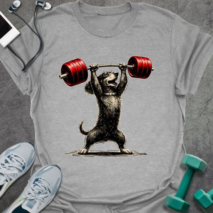Sport grey t-shirt with an illustrated dachshund overhead pressing a red barbell in red
