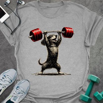 Sport grey t-shirt with an illustrated dachshund overhead pressing a red barbell in red