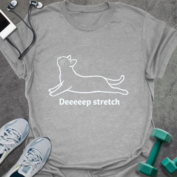 Sport grey t-shirt printed with "Deeeep stretch" in white, with an illustration of a cat stretching