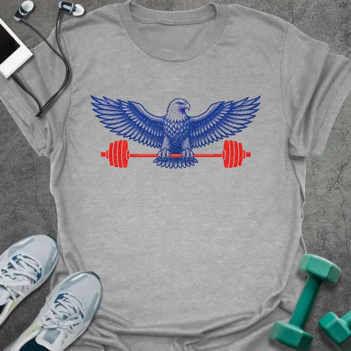 Sport grey t-shirt with an eagle holding a barbell in blue and red