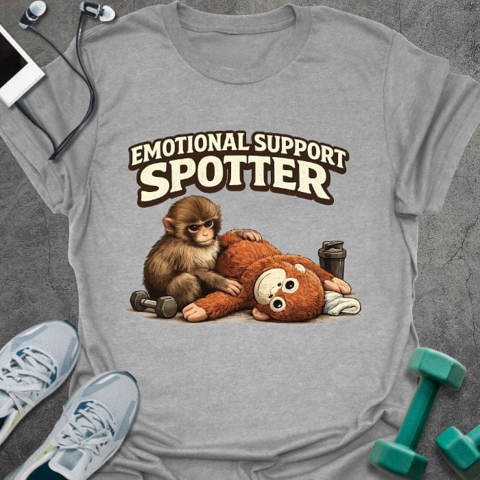 Sport grey t-shirt printed with "Emotional Support Spotter", with illustration of monkey and teddy bear
