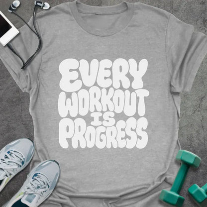 Sport grey t-shirt printed with "Every Workout is Progress" in white