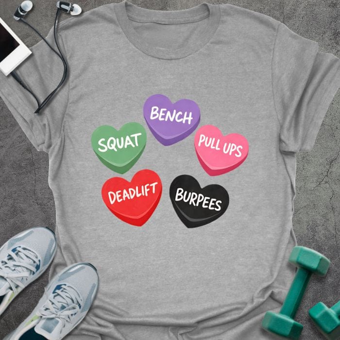 Sport grey t-shirt printed with "Bench Squat Pull Ups Deadlift Burpees" in purple, green, pink, red, black, with five candy hearts in purple, green, pink, red, and black