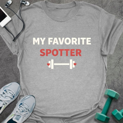 Sport grey t-shirt printed with "My Favorite Spotter" in red, with dumbbell icon