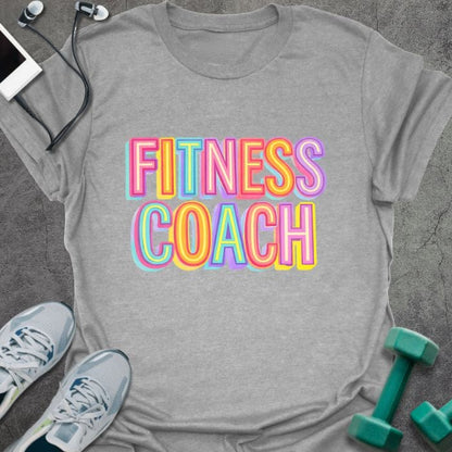 Sport grey t-shirt printed with "Fitness Coach" in multi-color