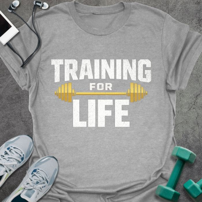 Sport grey t-shirt printed with "Training for Life" in white and gold, with a barbell icon in gold