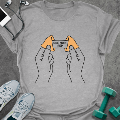Sport grey t-shirt with a fortune cookie and two lemons connected by a barbell