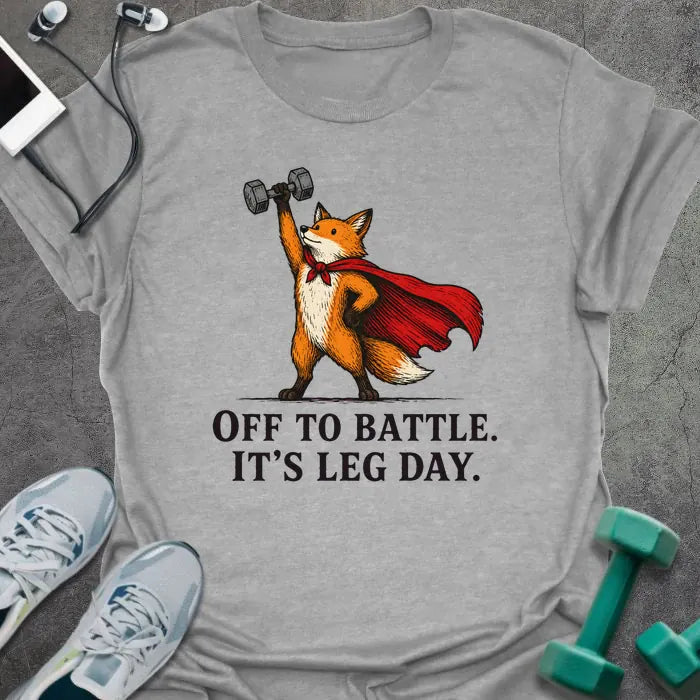 Sport Grey t-shirt printed with "OFF TO BATTLE. IT'S LEG DAY." in black lettering, with a red fox wearing a red cape and holding a dumbbell