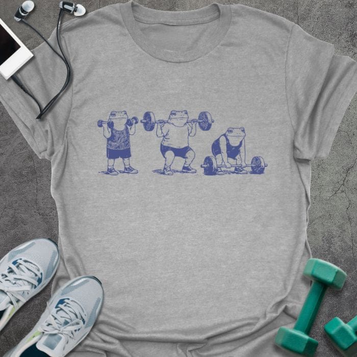 Sport grey t-shirt with an illustration of three people lifting dumbbells in blue