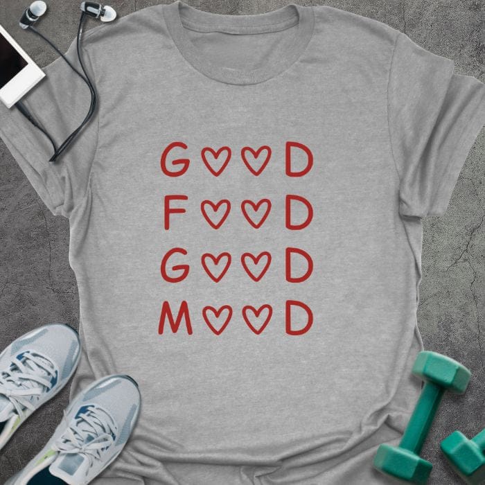 Sport grey t-shirt printed with "Good Food Good Mood" in red