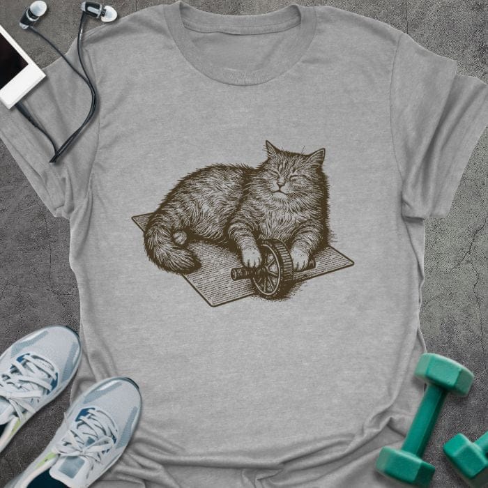 Sport grey t-shirt with cat on exercise wheel