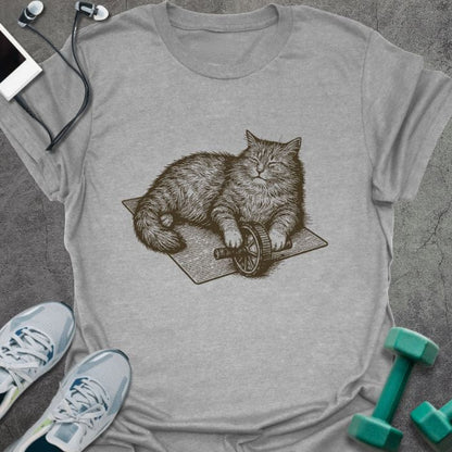 Sport grey t-shirt with cat on exercise wheel