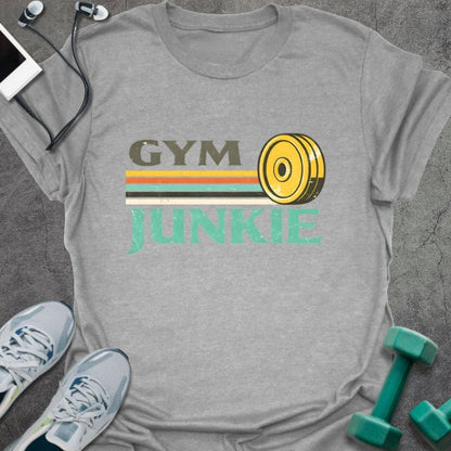 Sport grey t-shirt printed with "Gym Junkie" in olive green, yellow, orange, white, with a yellow kettlebell and rainbow stripe
