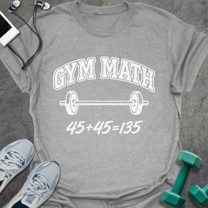 Sport grey t-shirt printed with "Gym Math 45+45 135", with a barbell