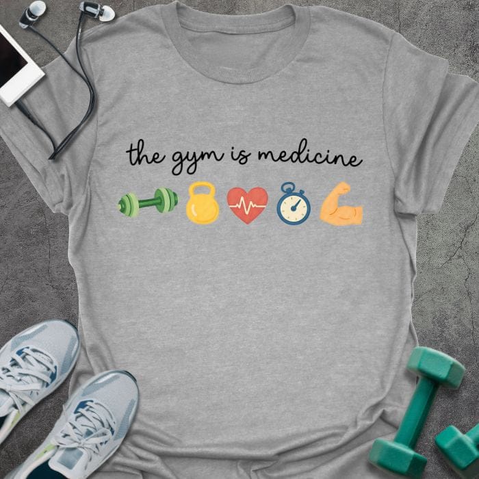 Sport grey t-shirt printed with "the gym is medicine" in multicolor, with emoji icons of gym equipment