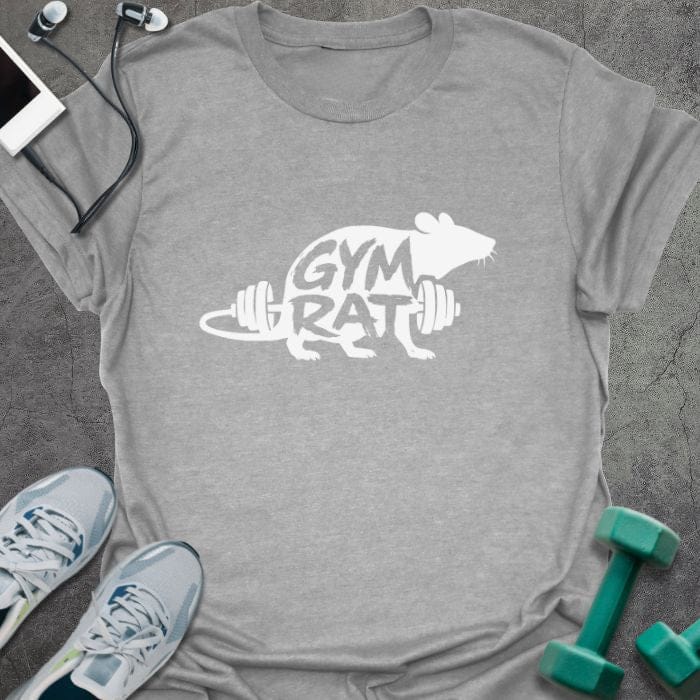 Sport grey t-shirt printed with "Gym Rat" in white, yellow, with a rat lifting a barbell