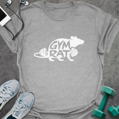 Sport grey t-shirt printed with "Gym Rat" in white, yellow, with a rat lifting a barbell