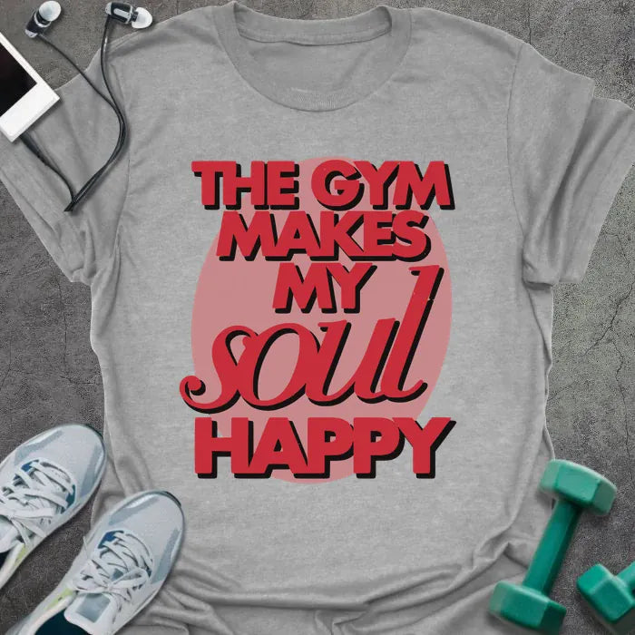 Sport grey t-shirt printed with "The Gym Makes my Soul Happy" in red and pink