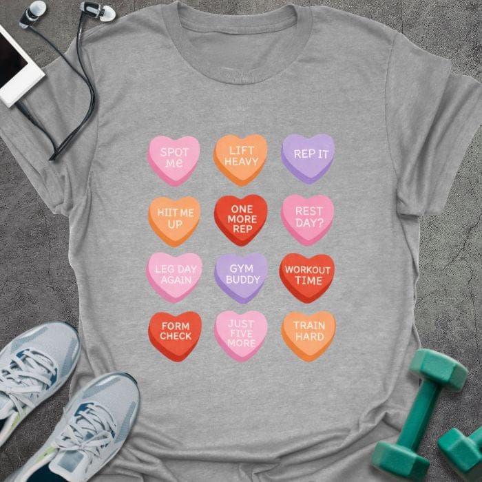 Sport grey t-shirt printed with "Spot Me Lift Heavy Rep it HIIT Me Up One More Rep Rest Day? Leg Day Again Gym Buddy Workout Time Form Check Just Five More Train Hard" in pink, red, orange, purple, with a 4x3 grid of colorful candy hearts