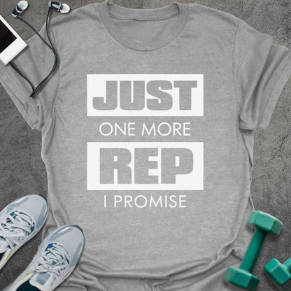 Sport grey t-shirt printed with "Just One More Rep I Promise" in white and green, with a kettlebell and dumbbell
