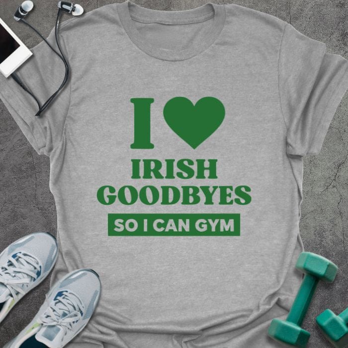 Sport grey t-shirt printed with "I Heart Irish Goodbyes so I Can Gym" in green, with clover