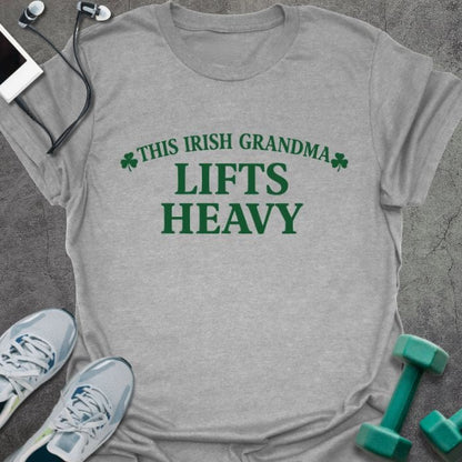 Sport grey t-shirt printed with "This Irish Grandma Lifts Heavy" in green, with clover