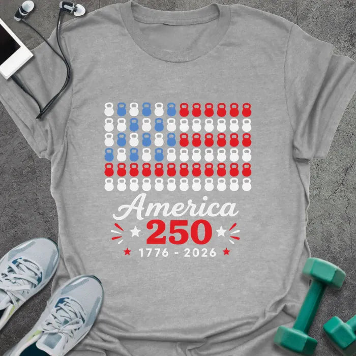 Sport grey t-shirt with a kettlebell American flag graphic in white and red