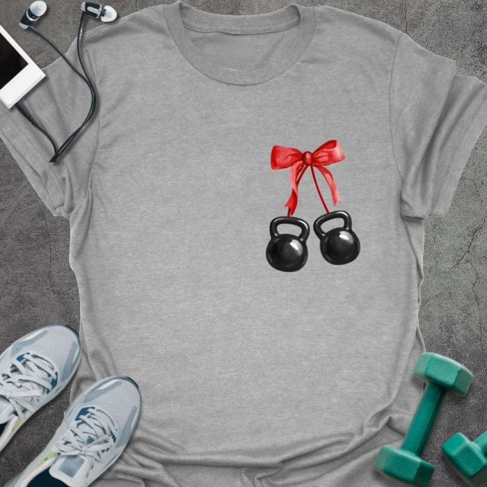Sport grey t-shirt with two kettlebells tied with a red ribbon in red, white