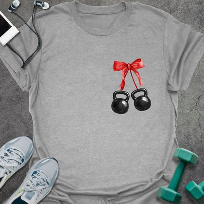 Sport grey t-shirt with two kettlebells tied with a red ribbon in red, white