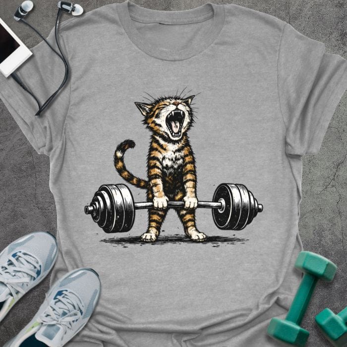 Sport grey t-shirt with an illustration of a tiger deadlifting a barbell in white and orange