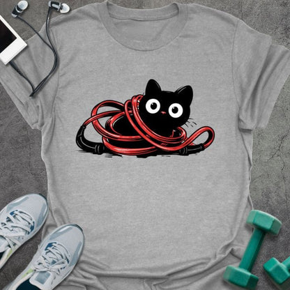 Sport grey t-shirt with a black cat tangled in a red jump rope in red, black, white