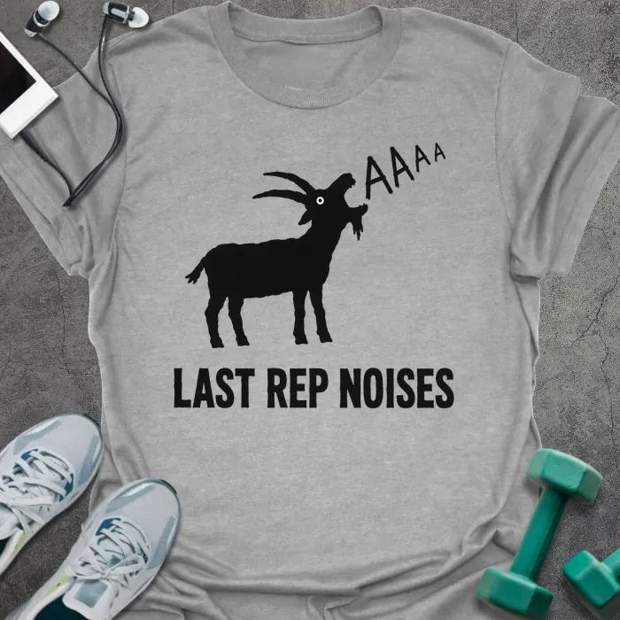Sport Grey t-shirt printed with "LAST REP NOISES" in black lettering with "AAAA" graphic text, with a goat screaming