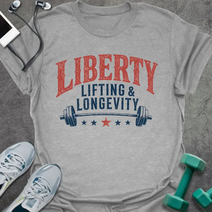 Sport grey t-shirt printed with "Liberty Lifting & Longevity" in blue and red, with a barbell and stars