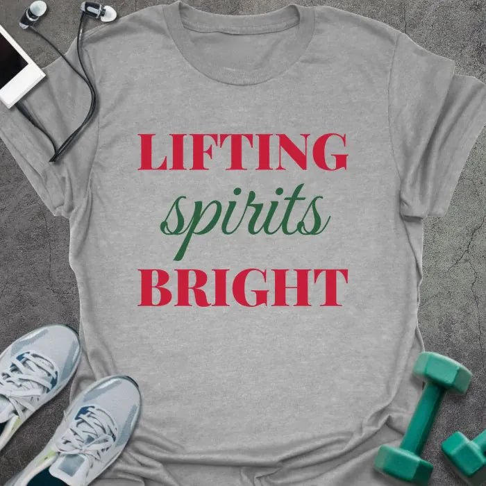 Sport grey t-shirt printed with "LIFTING spirits BRIGHT" in red and green