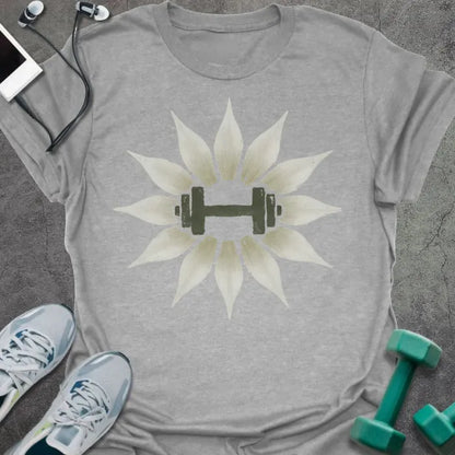 Sport grey t-shirt with an illustration of lily flowers surrounding a dumbbell in white and green