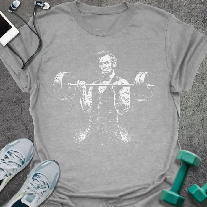 Sport grey t-shirt with Abraham Lincoln doing bicep curl graphic in white