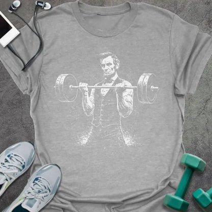 Sport grey t-shirt with Abraham Lincoln doing bicep curl graphic in white