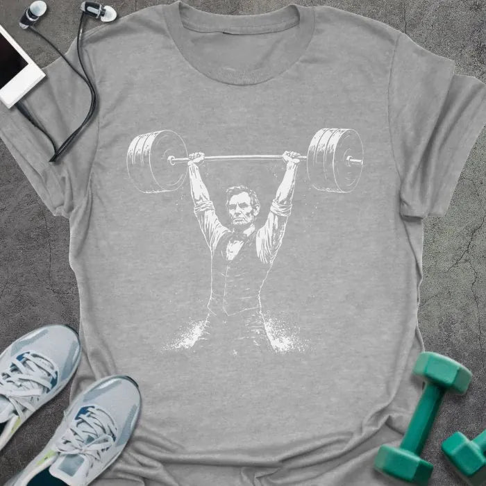 Sport grey t-shirt with Abraham Lincoln lifting barbell graphic in white