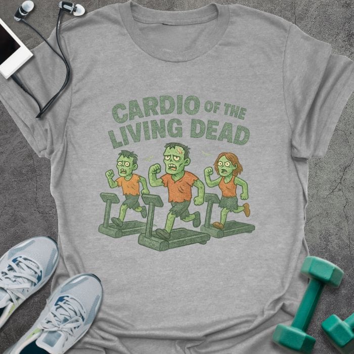 Sport grey t-shirt printed with "Cardio of the Living Dead" in green and white, with three zombies on treadmills