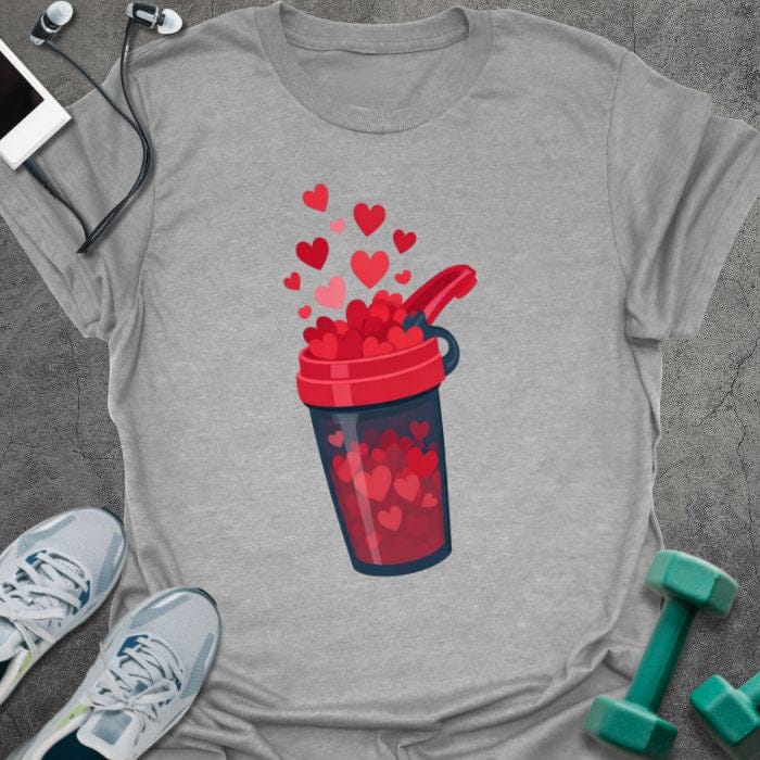 Sport grey t-shirt with a protein shake container overflowing with hearts in red, blue, white, pink
