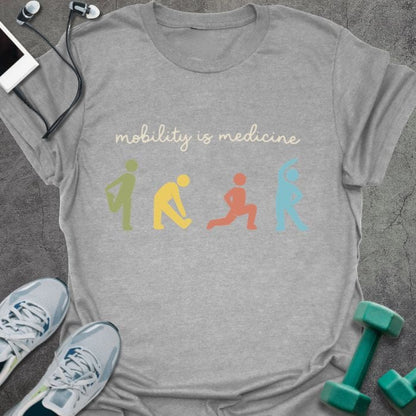 Sport grey t-shirt printed with "mobility is medicine" in multicolor, with emoji icons of different mobility positions